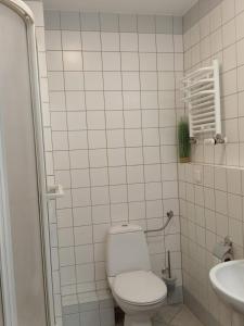 a white bathroom with a toilet and a sink at ApartHotel Bielik B-04 in Międzyzdroje