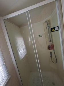 a shower with a glass door in a bathroom at Meadow Lakes Caravan Golden palm in Chapel Saint Leonards