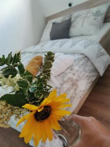 a person holding a yellow flower next to a bed at Minidomeček Páteček in Klatovy