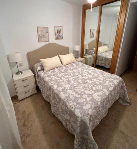 um quarto com uma cama e um espelho grande em Jerez, zona norte, Cadiz, España em Jerez de la Frontera