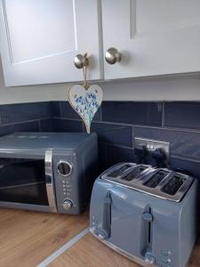a kitchen with a toaster and a toaster oven at Chalet in Stalham in Stalham