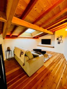 a living room with a couch and a television at Les Gites d'Andréa- Chez les Fifou in Surba