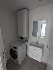 uma casa de banho com uma máquina de lavar roupa e um lavatório em Malakoff T2 Rue em Malakoff