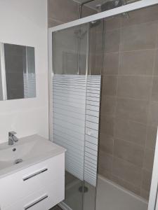 uma casa de banho com uma cabina de duche em vidro e um lavatório. em Malakoff T2 Rue em Malakoff