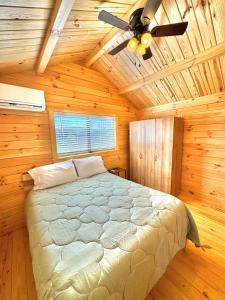 ein Schlafzimmer mit einem Bett und einem Deckenventilator in der Unterkunft 1 Bedroom Log Cabin on Lake James-Private Resort Amenities in Marion + 7 Fotos