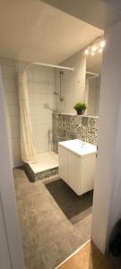 bagno con doccia e lavandino bianco di Fresh renovated. 3 Róoms. Central Leonberg. Private parking spot. a Leonberg