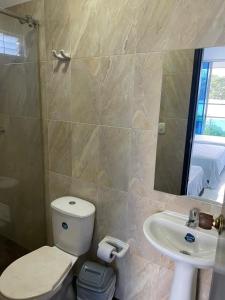 ein Badezimmer mit einem WC, einem Waschbecken und einem Spiegel in der Unterkunft HOTEL PALMA ROJA in Granada