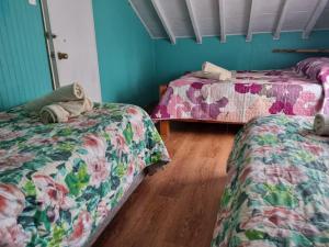 Habitación con 2 camas, paredes azules y suelo de madera. en Cabañas Jade, en Cochamó
