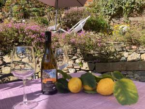 a bottle of wine and a glass on a table at Pae veciu casa vacanze in Monterosso al Mare