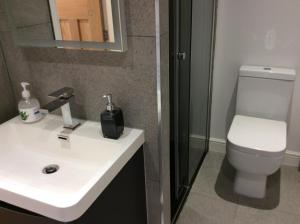 Un baño con un lavabo blanco y un inodoro. en Hardy Croft Hideaway, en Grassington