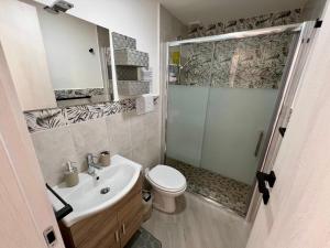 ein Bad mit einem WC, einem Waschbecken und einer Dusche in der Unterkunft Palermo Hub in Palermo