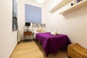 巴塞隆納的住宿－文森特之家公寓，一间卧室配有一张带紫色毯子的床