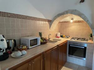 una cucina con bancone, forno a microonde e lavandino di I trulli del Sole a Martina Franca