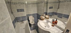 uma casa de banho com um lavatório, um WC e uma banheira em Studio chaleureux avec vue sur la Seine em Boulogne-Billancourt