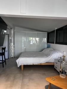 a bedroom with a large bed with glass walls at Saloniky Garden in H̱olon