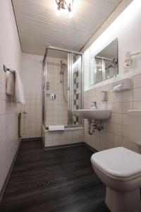 a bathroom with a shower and a toilet and a sink at Arthotel ANA Flair in Nördlingen