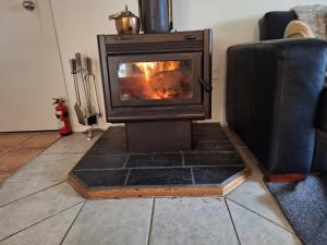 a wood stove in a living room with a fireplace at Riverside Accommodation in Karangahake