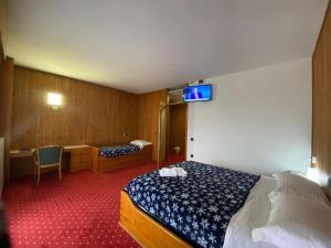 a hotel room with a bed and a tv on the wall at HOTEL ITALIA in Forni di Sopra