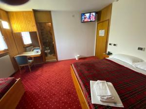 um quarto de hotel com uma cama, uma mesa e uma televisão em HOTEL ITALIA em Forni di Sopra