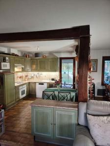 eine Küche mit grünen Schränken und einem Tisch darin in der Unterkunft Villa Soleil in Ainay-le-Château