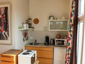 a small kitchen with a stove and a microwave at GP Apartment in Reykjavík
