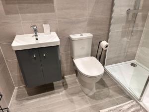 y baño con aseo, lavabo y ducha. en Luxurious Flat at Leicester Town en Leicester