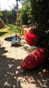 two red pillows on the ground next to a bench at Baliyesan in Ica