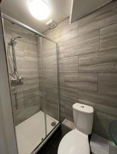 a bathroom with a shower and a toilet and a tub at London Guest Room in London