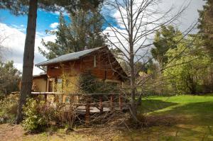 a small wooden house in the middle of a yard at Cabañas Cerro Amigo in El Bolsón