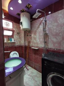 a bathroom with a blue sink and a shower at شقة فندقية في بورسعيد Hotel apartment in Port Said in Port Said