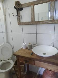 La salle de bains est pourvue d'un lavabo blanc et de toilettes. dans l'établissement Vilarejo do aconchego, à Santa Cruz de Minas