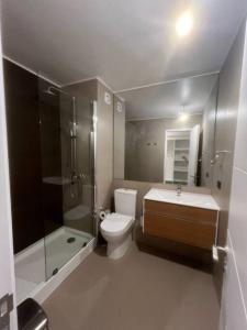 een badkamer met een toilet, een wastafel en een douche bij Apartamento Mirador Lo Campino in Santiago