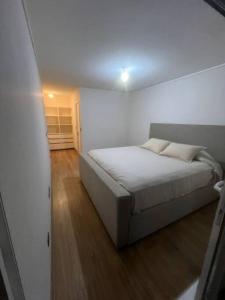 een slaapkamer met een groot bed in een witte kamer bij Apartamento Mirador Lo Campino in Santiago