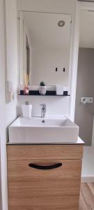 a bathroom with a white sink and a mirror at Ferienhaus Chalet Ferienpark Lauwersoog NL in Lauwersoog