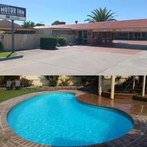 two pictures of a swimming pool in front of a motel at Werribee Park Motor Inn in Werribee