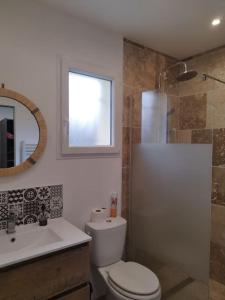 een badkamer met een toilet, een wastafel en een spiegel bij Villa Darna avec piscine au calme in Saint-Sulpice-et-Cameyrac