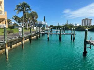 a dock in a body of water with palm trees at Canal Front Comfort (Dock slip available) in Freeport