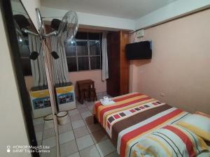 Habitación de hotel con cama y ventilador en Hostal Ucayali en Tingo María