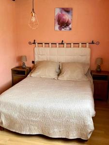 Tours-en-Vimeu的住宿－Maison de 2 chambres avec jardin clos et wifi a Tours en Vimeu，一间卧室配有一张带两盏灯的大型白色床。