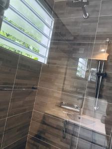baño con ducha con lavabo y ventana en Studio Jo'kmi, en Pointe-Noire