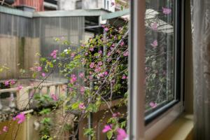 une fenêtre avec des fleurs roses sur une clôture dans l'établissement Hanoi Backpackers Hostel Oldtown, à Hanoï