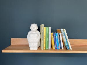 a book shelf with a statue and books at Modernes Architektenhaus direkt am Golfplatz Schloss Ranzow. in Lohme