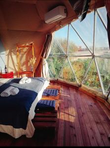 a bedroom with a bed in a room with large windows at Entre racimos, glamping entre viñedos in Ciudad Lujan de Cuyo