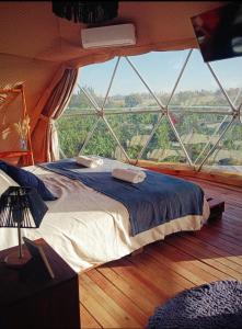 Bett in einem Zimmer mit einem großen Fenster in der Unterkunft Entre racimos, glamping entre viñedos in Ciudad Lujan de Cuyo