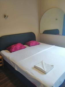 een bed met roze kussens en een bord erop bij Apartments Struska carsija in Struga