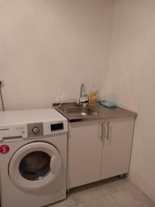 uma cozinha com uma máquina de lavar roupa e um lavatório em Apartments Struska carsija em Struga