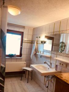 La salle de bains est pourvue d'un lavabo et d'une fenêtre. dans l'établissement Ferienwohnungen auf einem ehemaligen Bauernhof, à Neuhausen