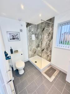a bathroom with a shower and a toilet at Clarendon House - Hot Tub in Lincolnshire