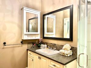 Pitt Meadows的住宿－Langley独立洗手间的一楼温馨客房，一间带水槽和两面镜子的浴室