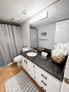 a bathroom with a sink and a toilet and a mirror at Ultimate St. George Vacation Retreat! in St. George